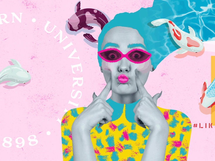A colorful, surreal collage of a woman with blue hair, bright pink lips, and pink sunglasses making a face by pulling her mouth. She wears a yellow patterned top, with koi fish and abstract shapes on a pastel pink background.
