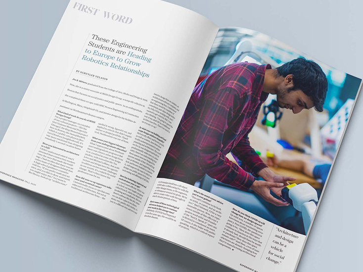 An open magazine shows an article titled "These Engineering Students are Heading to Surgery to Grow Robots’ Relationships," with a photo of a person working on a robotic arm in a lab setting.