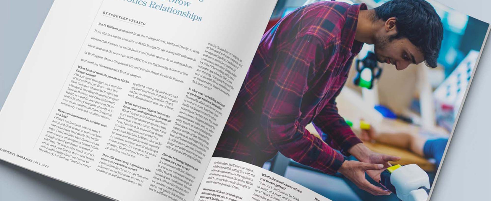 Open magazine showing an article titled "These Engineering Students are Heading to Europe to Grow Robotics Relationships," with a photo of a man in a plaid shirt working with a white robotic arm.