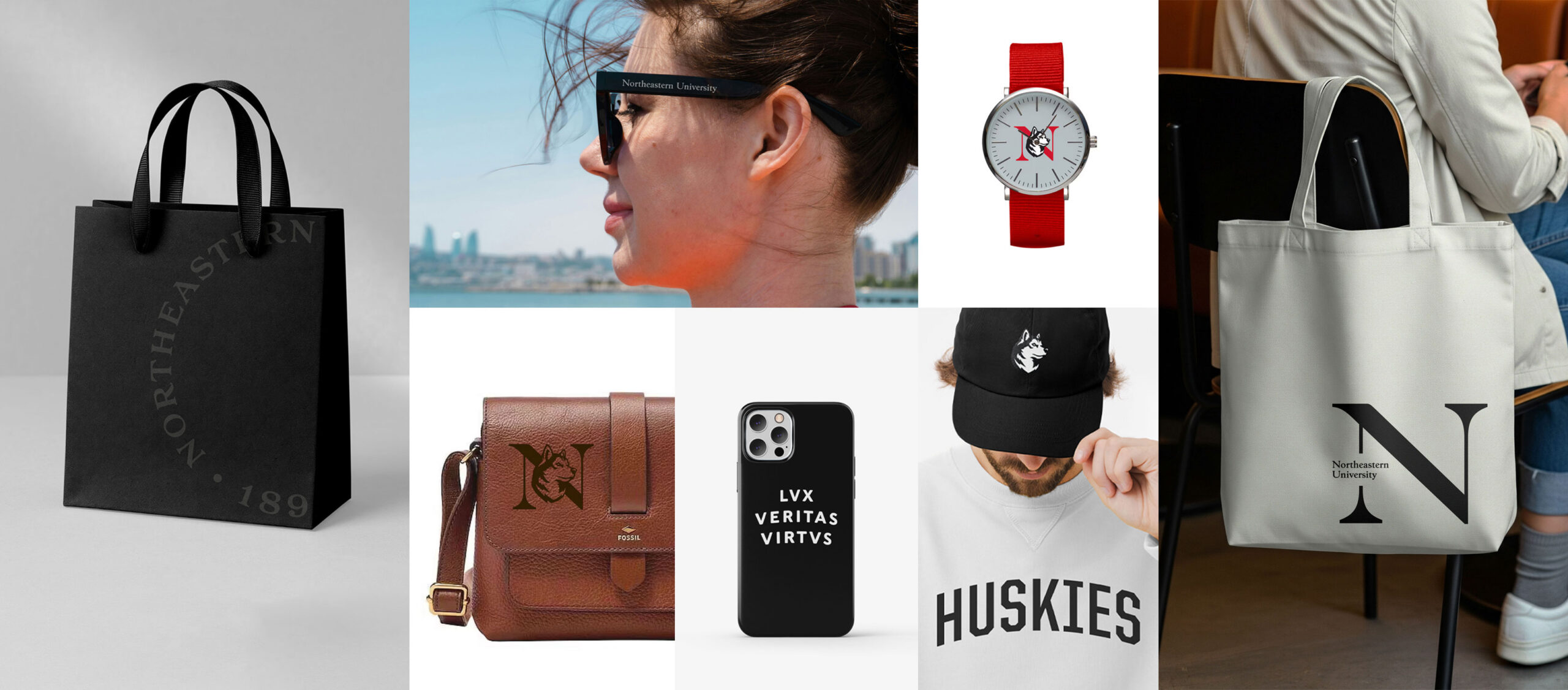 Collage of items displaying Northeastern brand marks