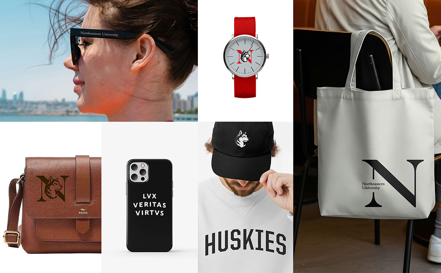 Examples of northeastern university licensed merchandise. Glasses, a watch, and some bags