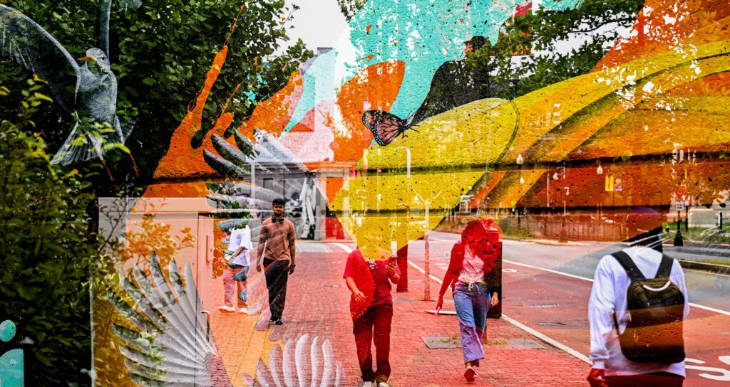 Students walking through campus
