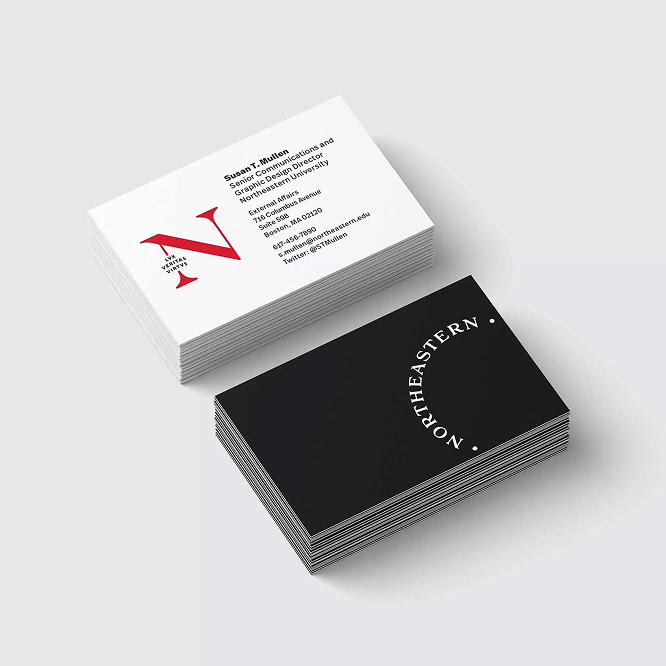 Front and back of stacks of Northeastern business cards