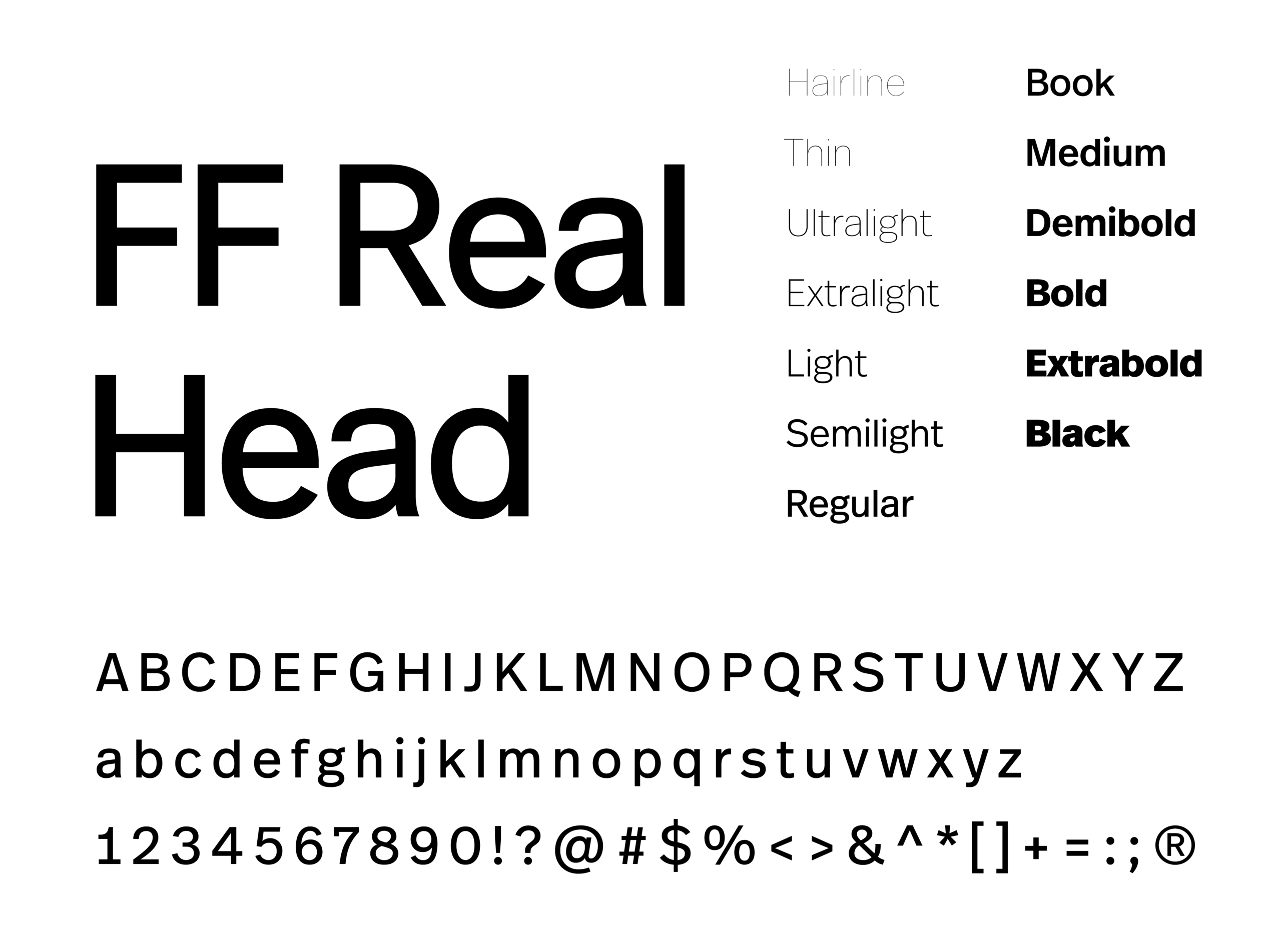 "Type specimen for FF Real Head displaying the words 'FF Real Head' in large bold letters, followed by the uppercase alphabet, lowercase alphabet, and numerals with punctuation symbols in a smaller weight.