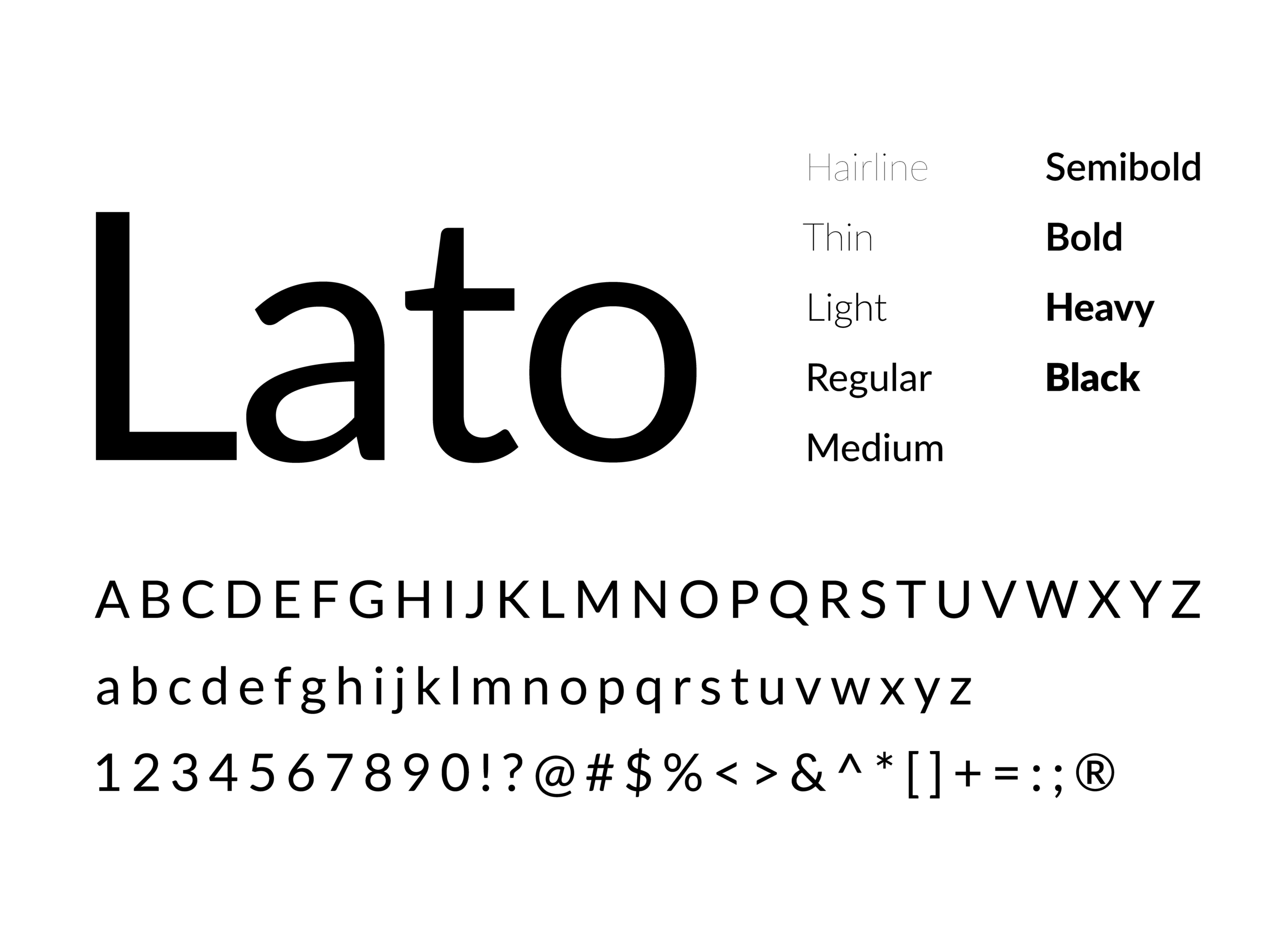 Type specimen for the font Lato, showing the name 'Lato' in large bold letters, followed by the uppercase alphabet, lowercase alphabet, and numerals with punctuation symbols in a smaller regular weight.